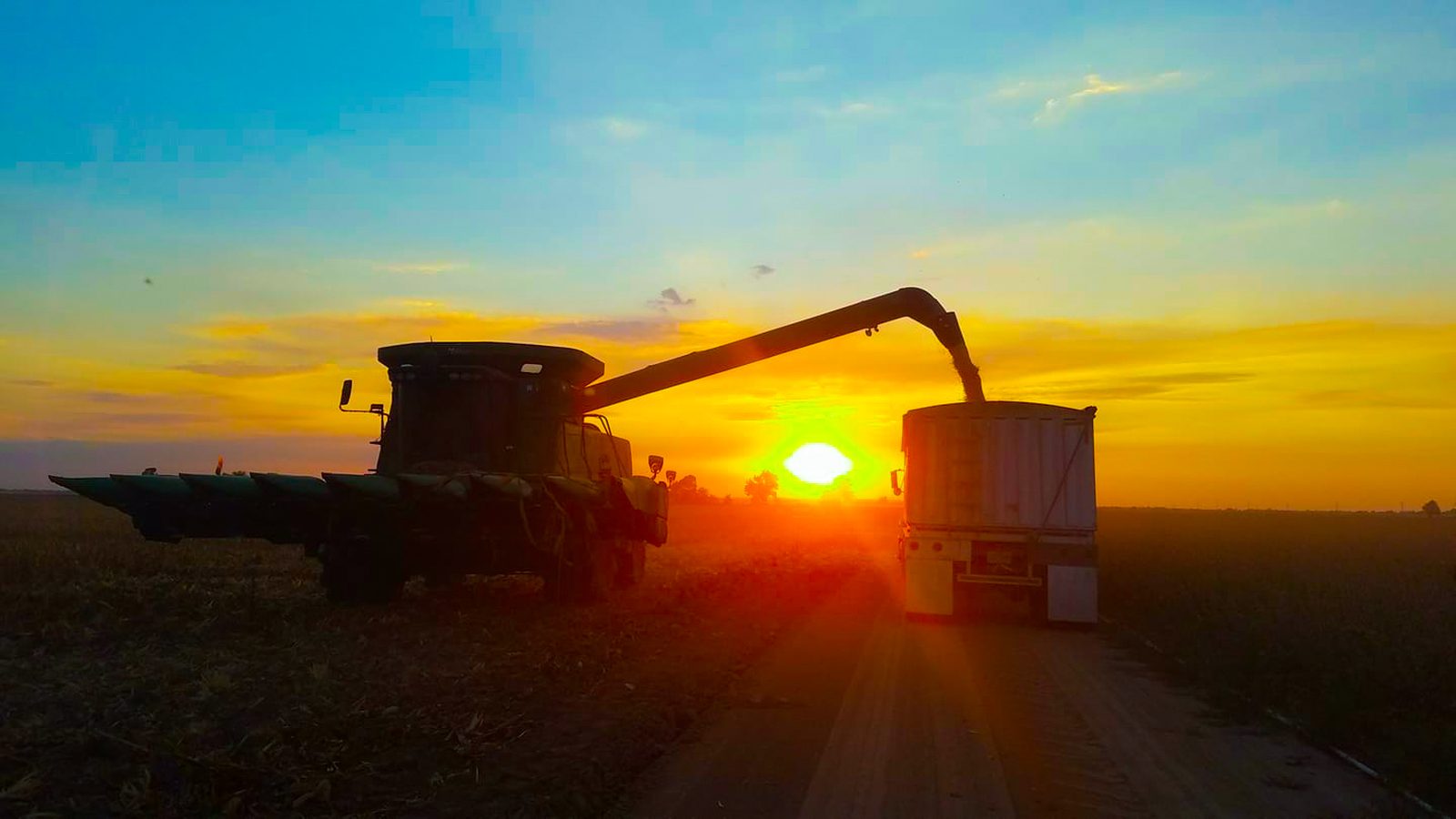 A combine unloading grain at sunset